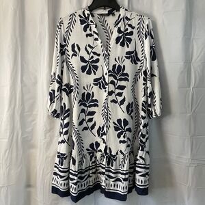 Mlle Gabrielle Women Tiered Navy White Floral Button Shirt Dress Sz Petite Large